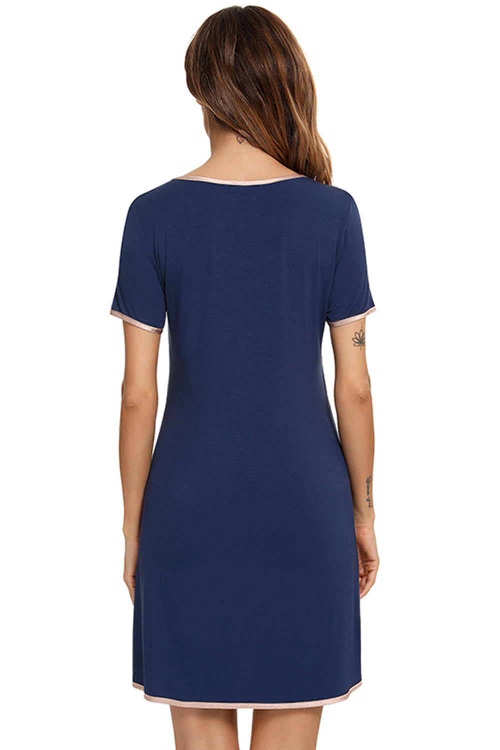 Contrast Trim Pocketed Round Neck Lounge Dress - aurelia-clothing-8955
