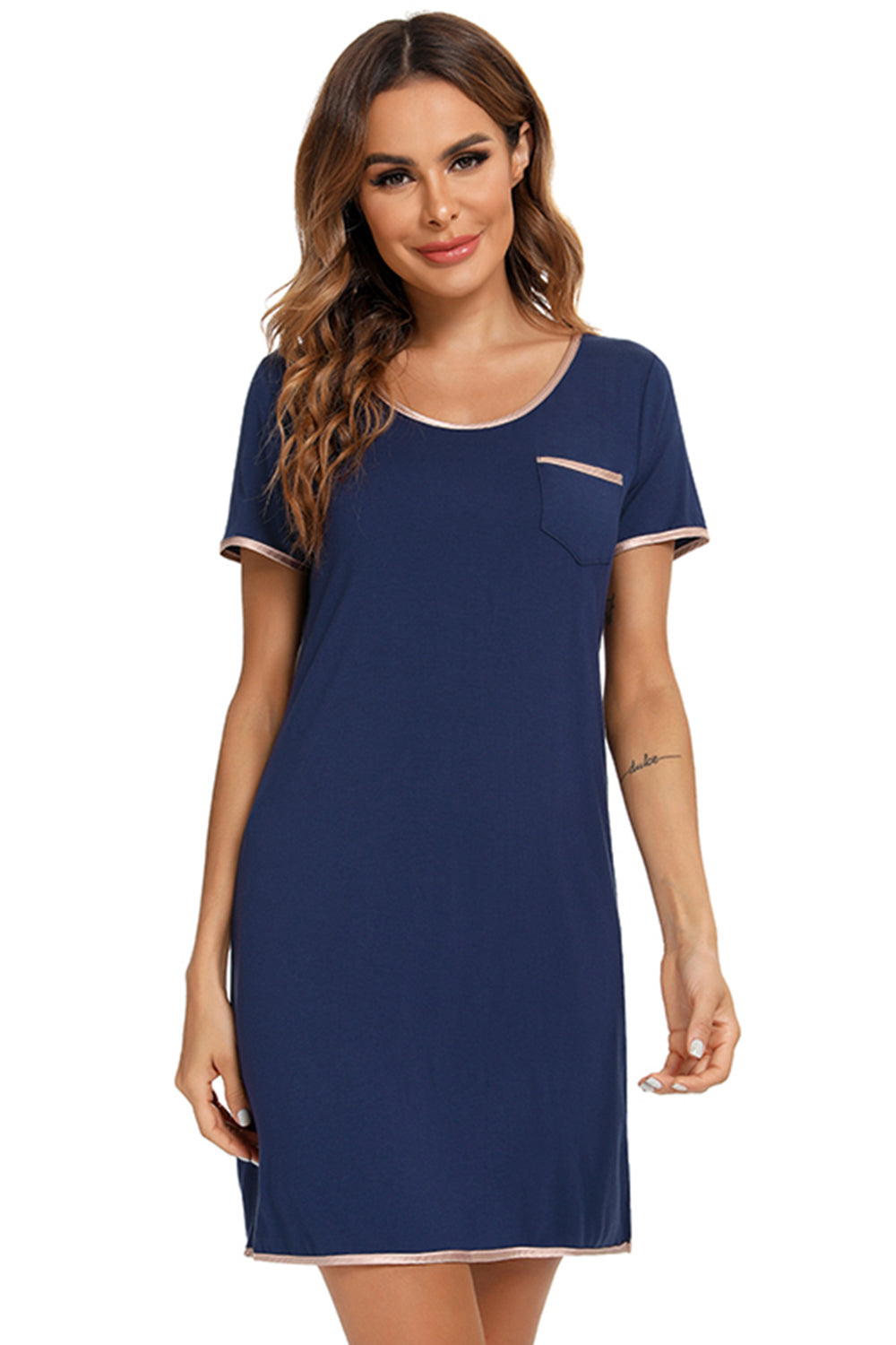 Contrast Trim Pocketed Round Neck Lounge Dress - aurelia-clothing-8955