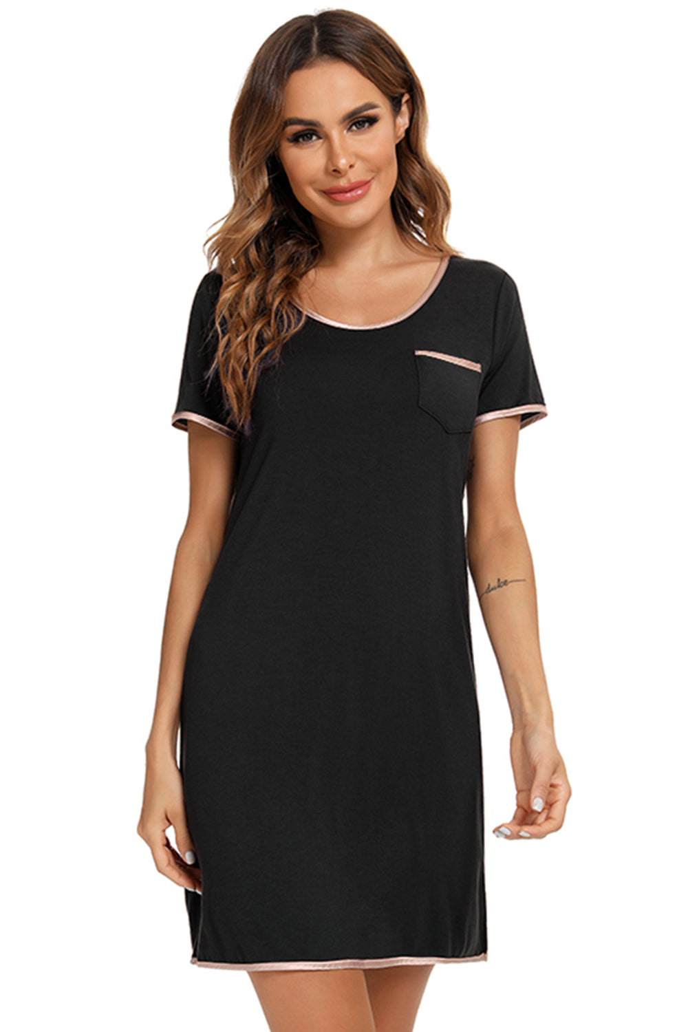 Contrast Trim Pocketed Round Neck Lounge Dress - aurelia-clothing-8955