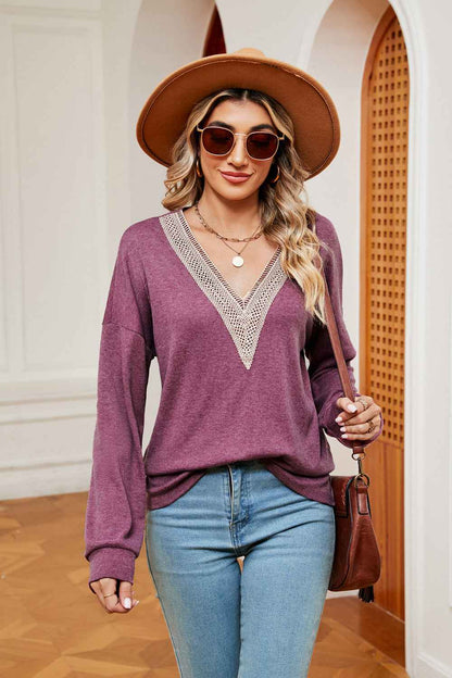 Contrast V-Neck Long Sleeve Blouse - aurelia-clothing-8955