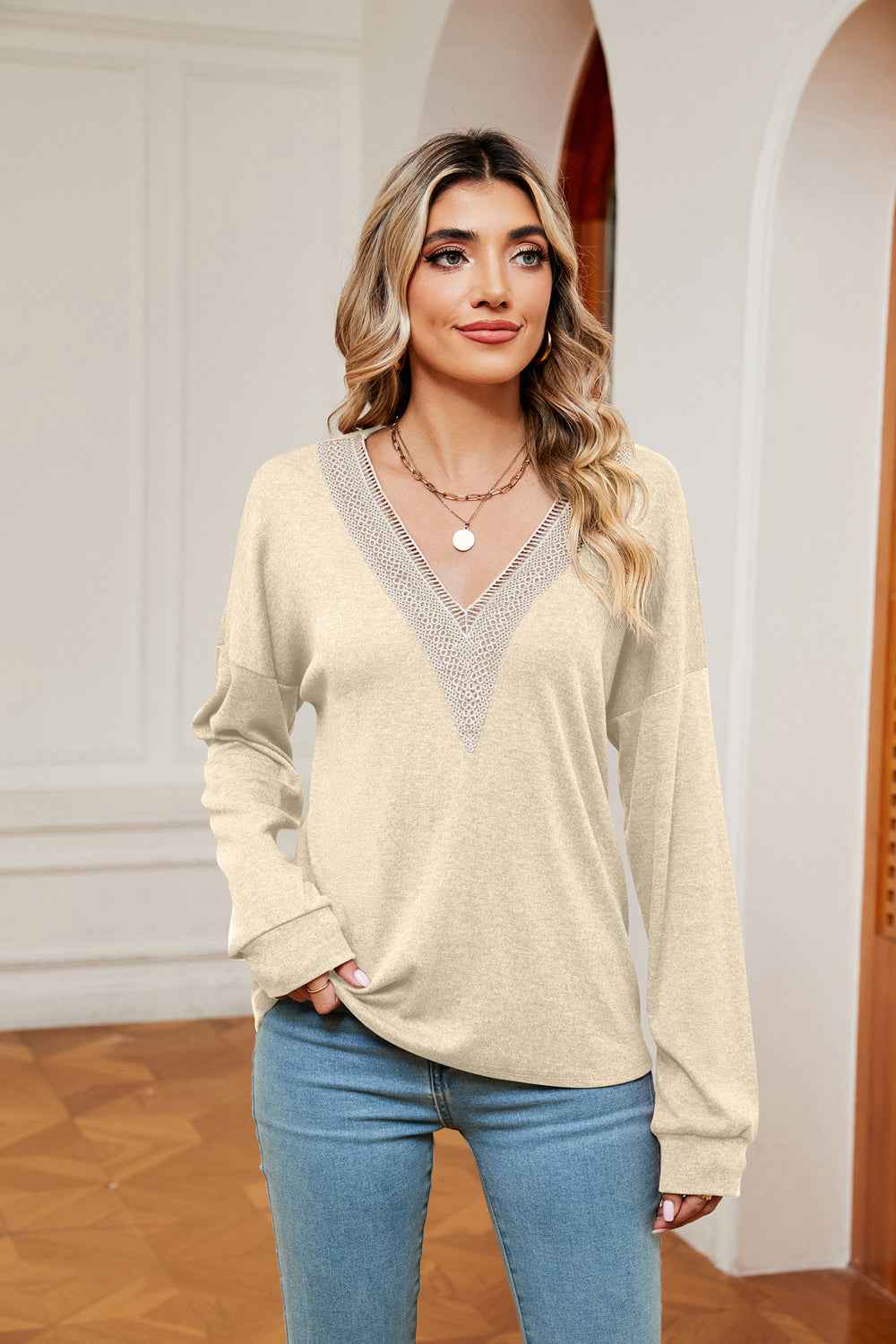 Contrast V-Neck Long Sleeve Blouse - aurelia-clothing-8955