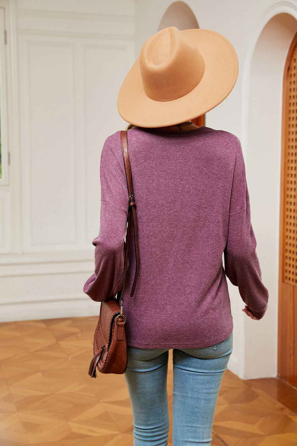 Contrast V-Neck Long Sleeve Blouse - aurelia-clothing-8955