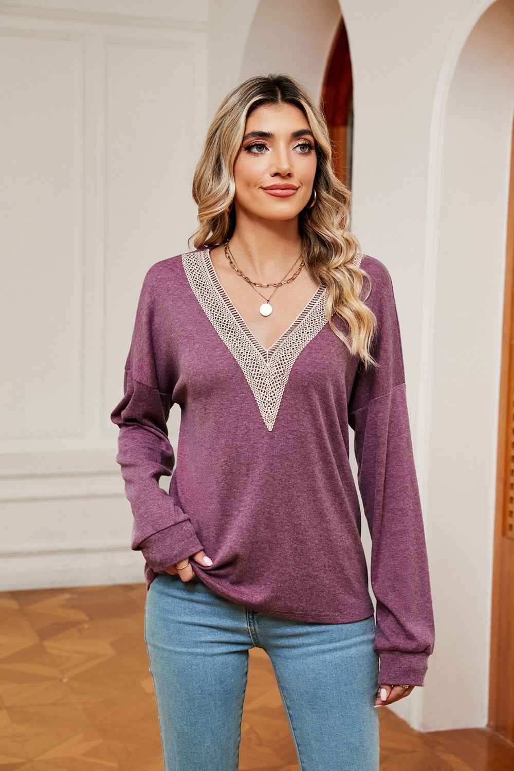 Contrast V-Neck Long Sleeve Blouse - aurelia-clothing-8955