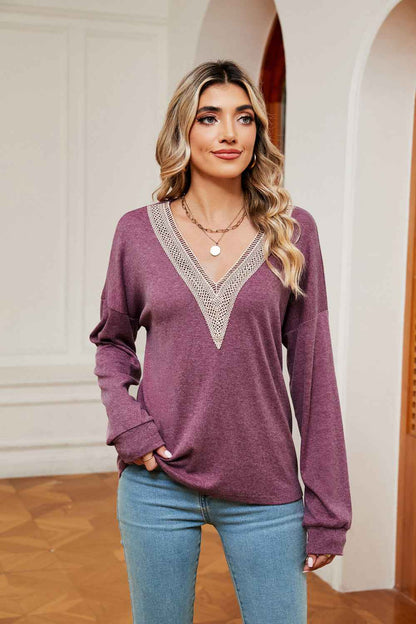 Contrast V-Neck Long Sleeve Blouse - aurelia-clothing-8955