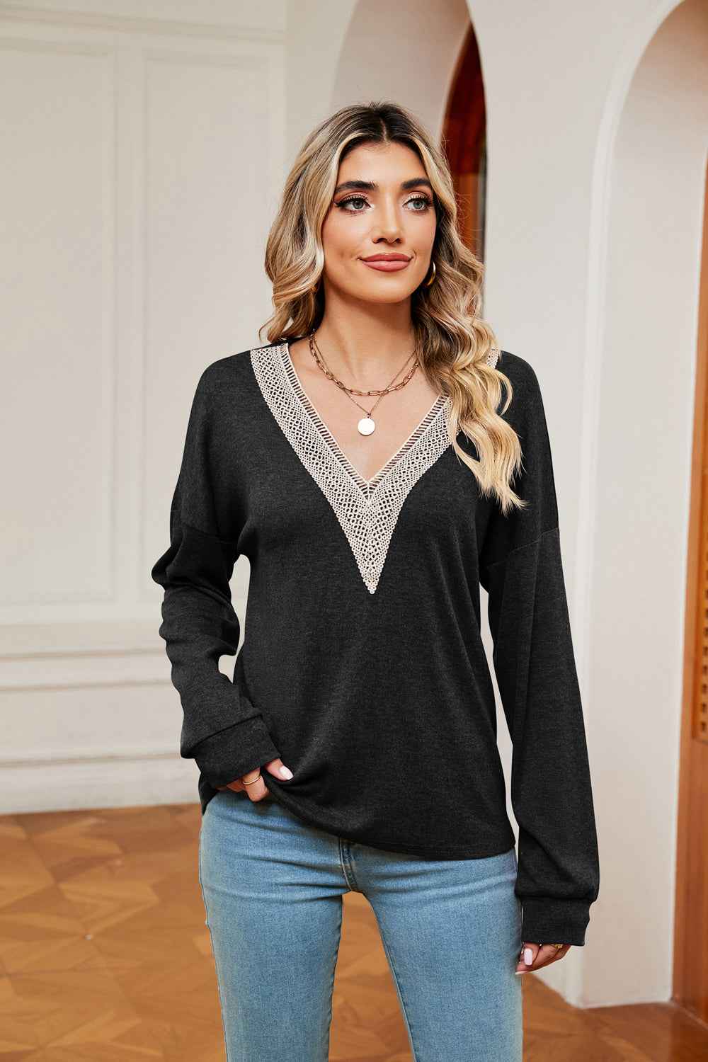 Contrast V-Neck Long Sleeve Blouse - aurelia-clothing-8955
