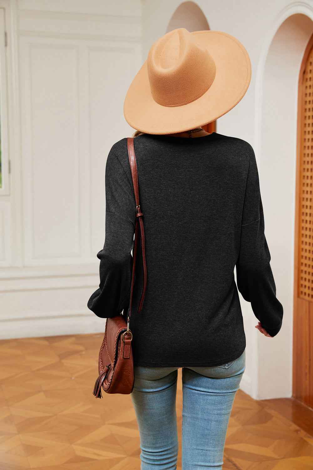 Contrast V-Neck Long Sleeve Blouse - aurelia-clothing-8955
