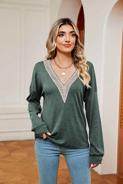 Contrast V-Neck Long Sleeve Blouse - aurelia-clothing-8955