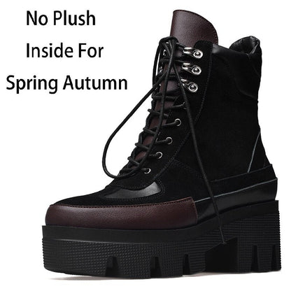 Winter Cow Leather Lace-up Women Chunky Platform Genuine Leather Ankle Boots Spring Autumn Real Leather Short Boots - Free Shipping - Aurelia Clothing