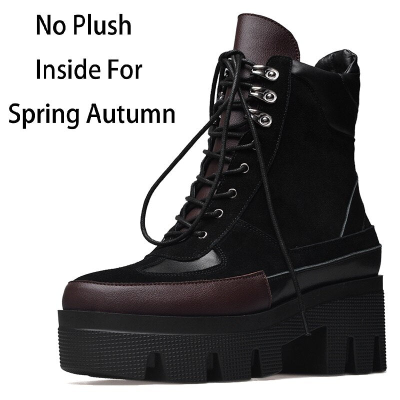 Winter Cow Leather Lace-up Women Chunky Platform Genuine Leather Ankle Boots Spring Autumn Real Leather Short Boots - Free Shipping - Aurelia Clothing