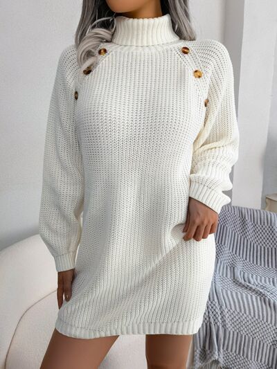 Decorative Button Turtleneck Sweater Dress - aurelia-clothing-8955