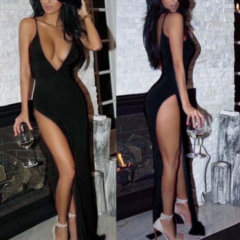 Deep V-shaped dress new camisole womens high waisted slit long skirt-Free Shipping - aurelia-clothing-8955