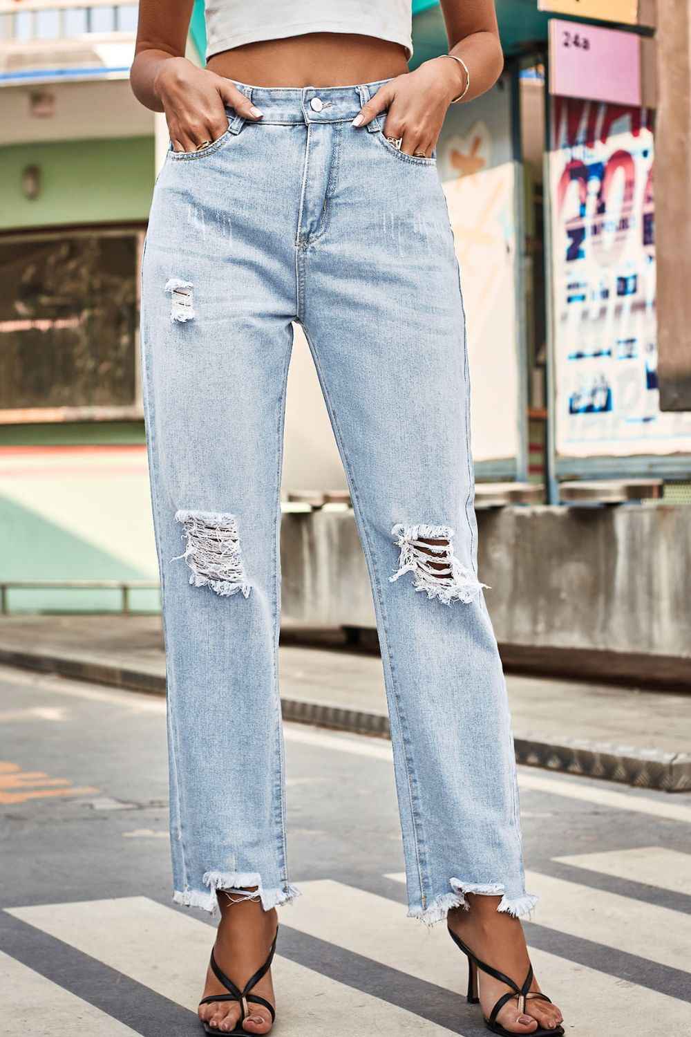 Distressed Buttoned Loose Fit Womens Jeans