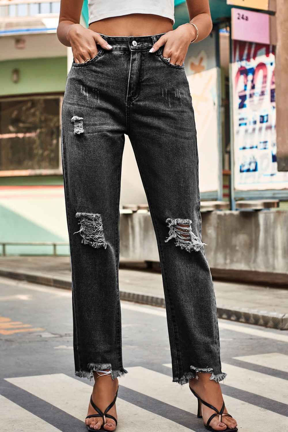 Distressed Buttoned Loose Fit Womens Jeans