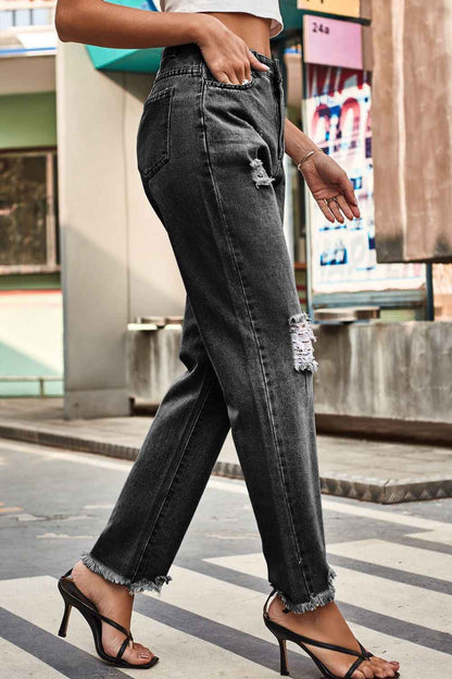 Distressed Buttoned Loose Fit Womens Jeans