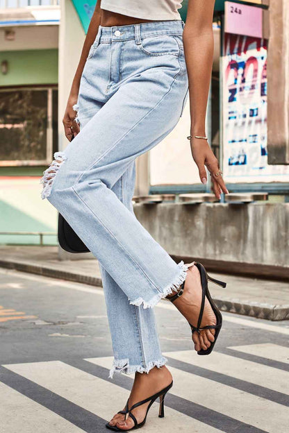 Distressed Buttoned Loose Fit Womens Jeans