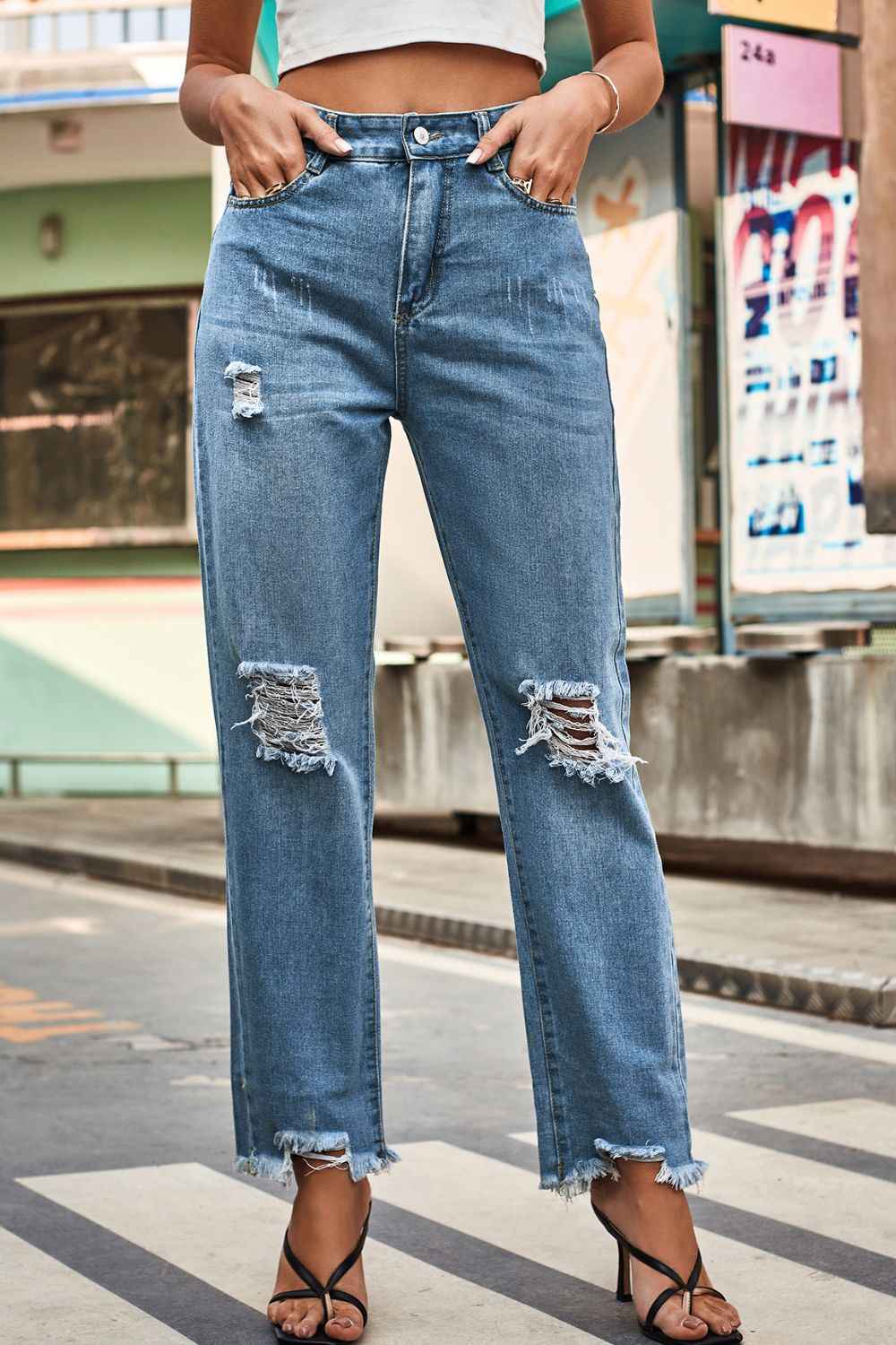 Distressed Buttoned Loose Fit Womens Jeans