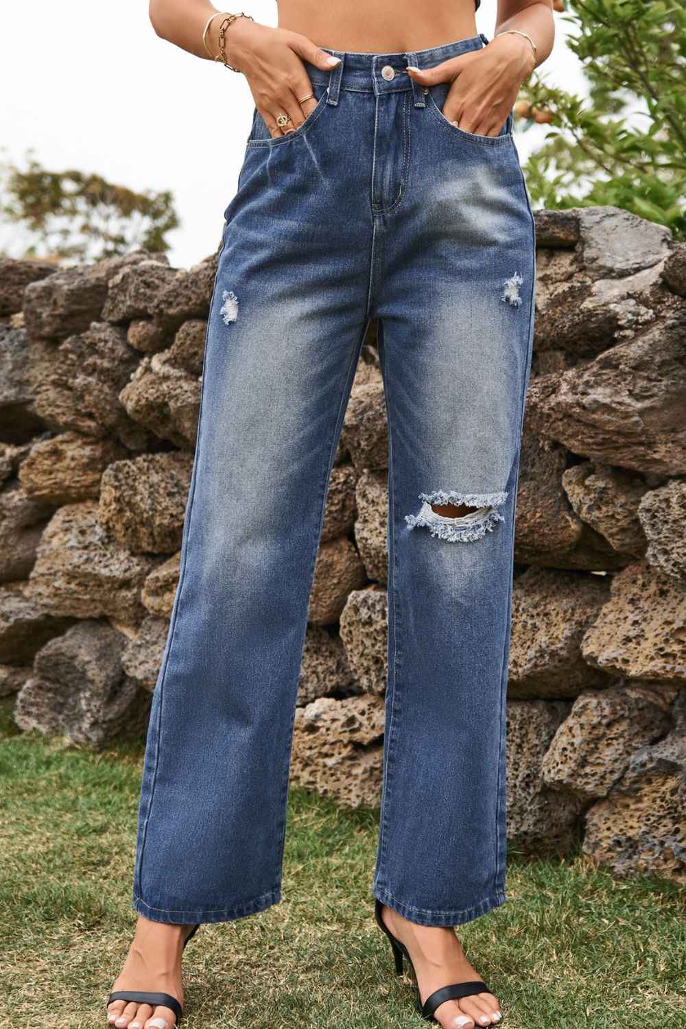 Distressed Buttoned Loose Fit Womens Jeans - aurelia-clothing-8955