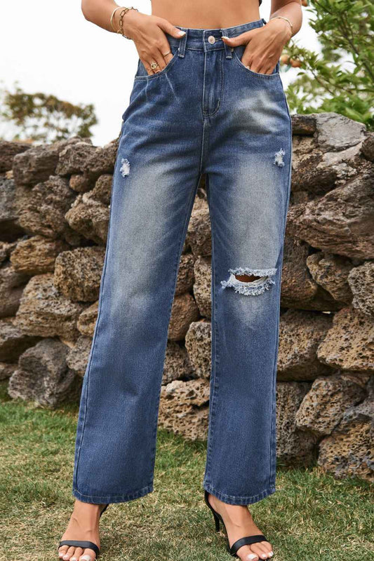 Distressed Buttoned Loose Fit Womens Jeans - aurelia-clothing-8955