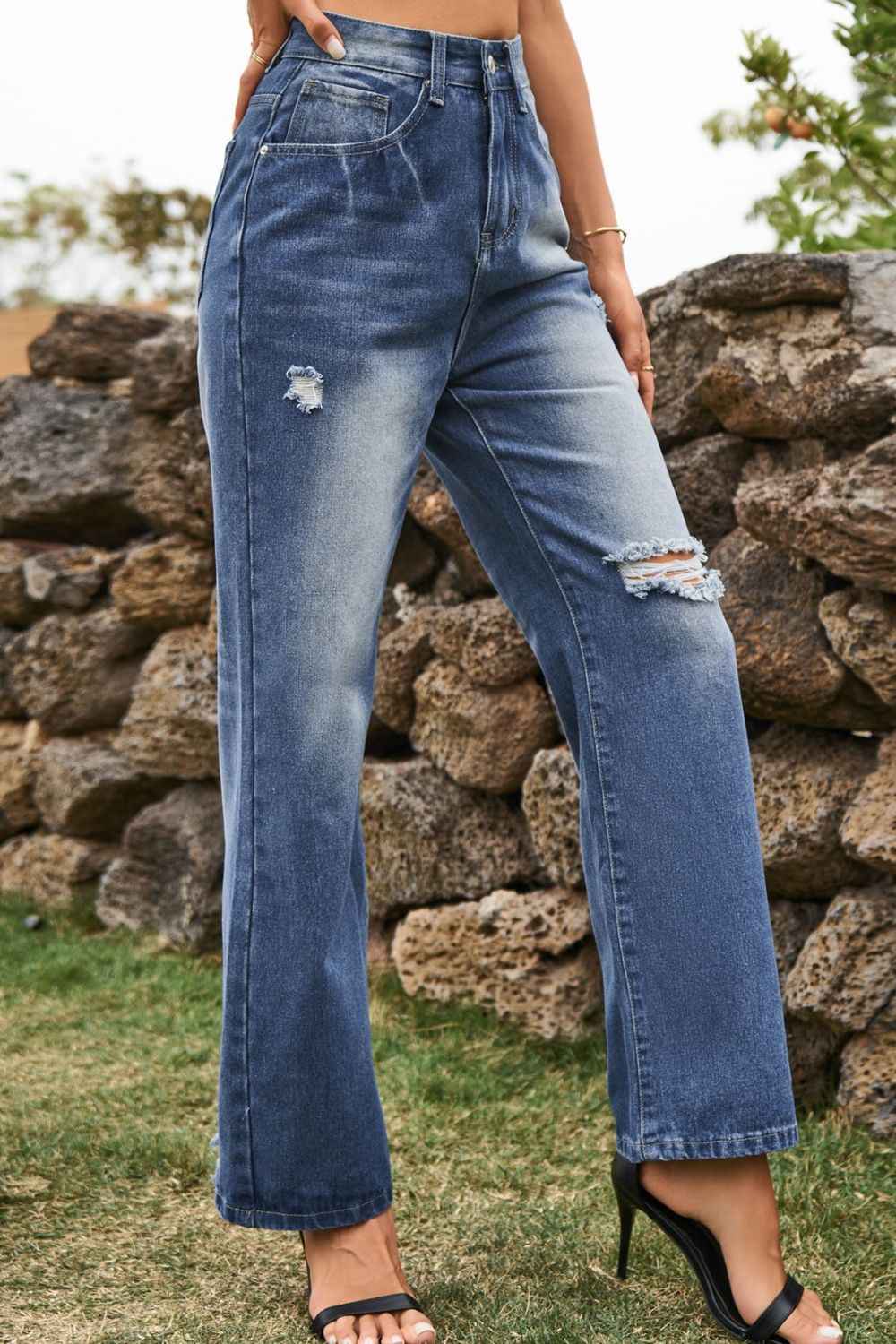 Distressed Buttoned Loose Fit Womens Jeans - aurelia-clothing-8955