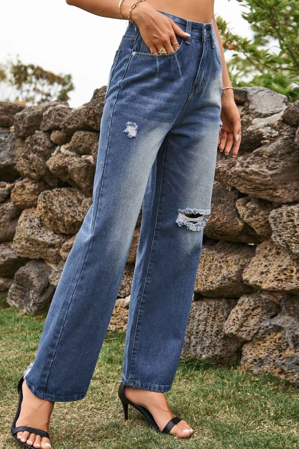 Distressed Buttoned Loose Fit Womens Jeans - aurelia-clothing-8955