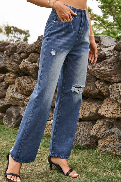 Distressed Buttoned Loose Fit Womens Jeans - aurelia-clothing-8955