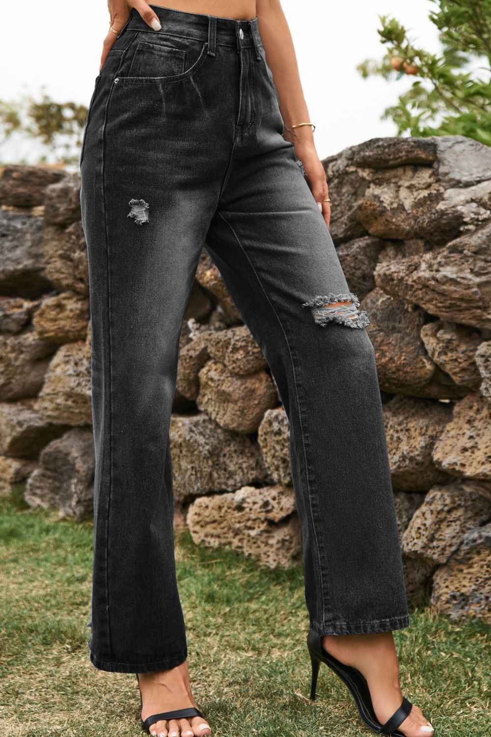 Distressed Buttoned Loose Fit Womens Jeans - aurelia-clothing-8955