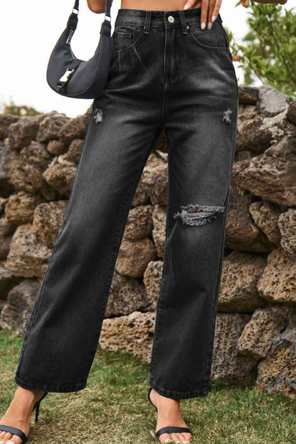 Distressed Buttoned Loose Fit Womens Jeans - aurelia-clothing-8955