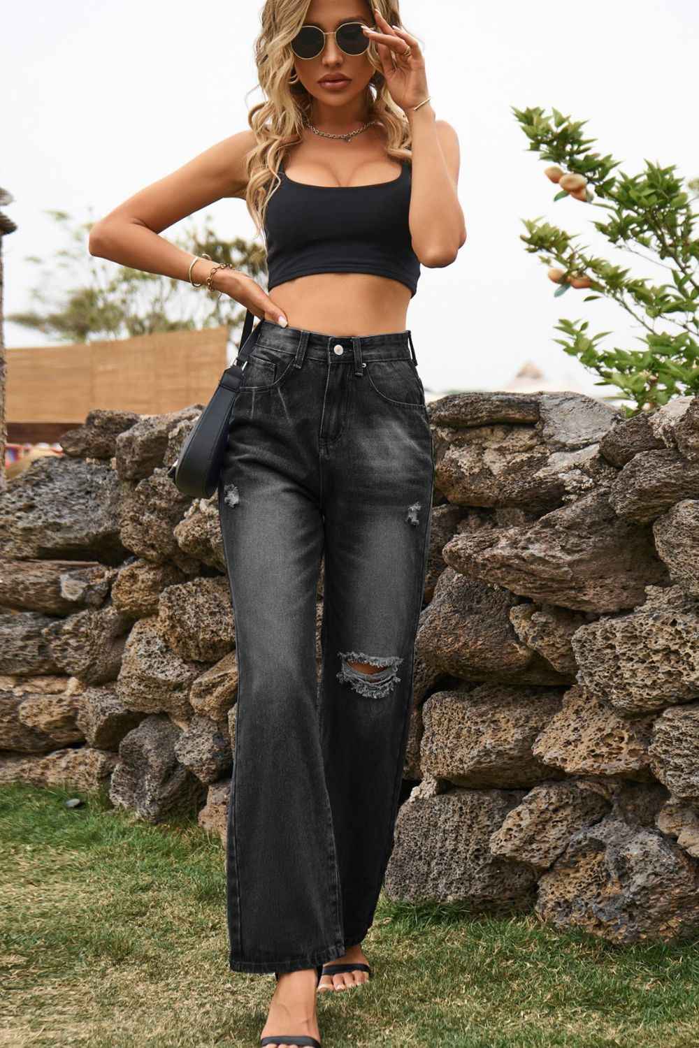 Distressed Buttoned Loose Fit Womens Jeans - aurelia-clothing-8955