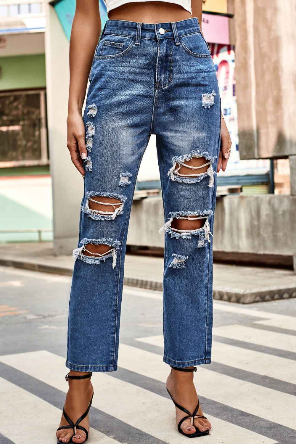 Distressed Buttoned Womens Jeans with Pockets - aurelia-clothing-8955