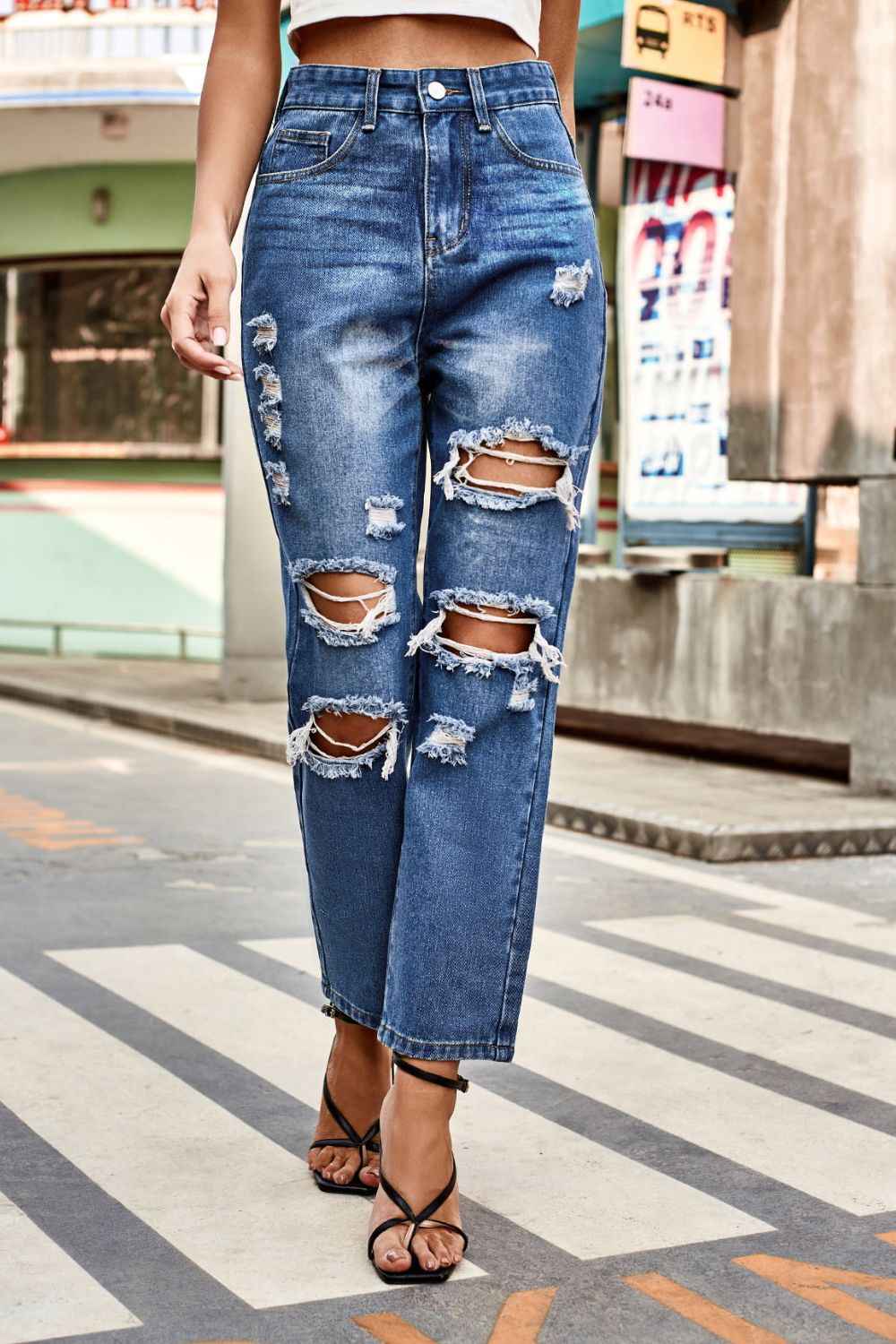 Distressed Buttoned Womens Jeans with Pockets - aurelia-clothing-8955