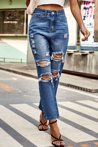 Distressed Buttoned Womens Jeans with Pockets - aurelia-clothing-8955