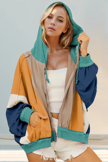 Double Take Block Zip Up Hoodie-Free Shipping - aurelia-clothing-8955