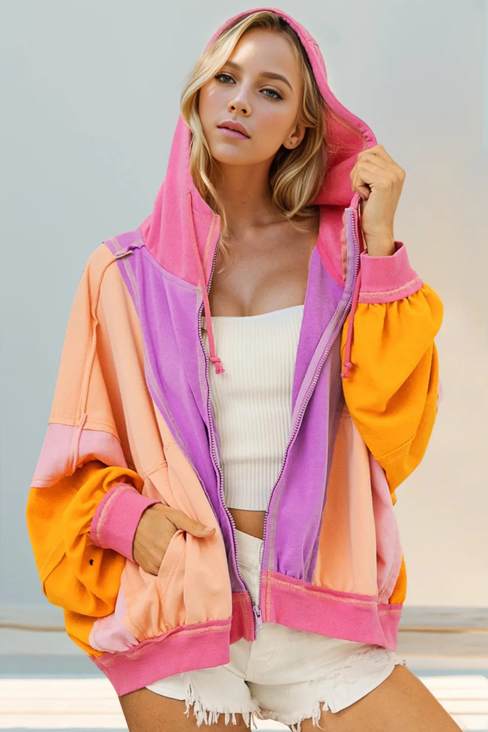 Double Take Block Zip Up Hoodie-Free Shipping - aurelia-clothing-8955