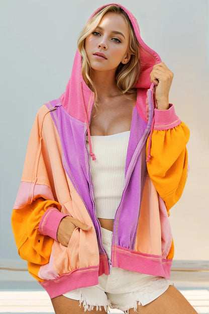 Double Take Block Zip Up Hoodie-Free Shipping - aurelia-clothing-8955