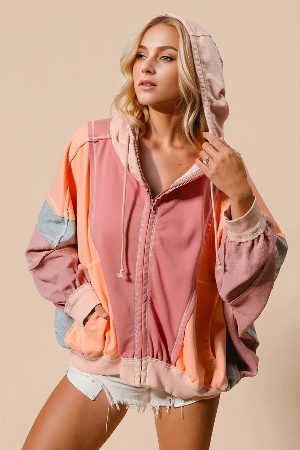 Double Take Block Zip Up Hoodie-Free Shipping - aurelia-clothing-8955