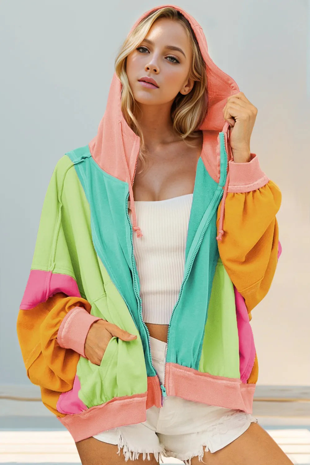 Double Take Block Zip Up Hoodie-Free Shipping - aurelia-clothing-8955