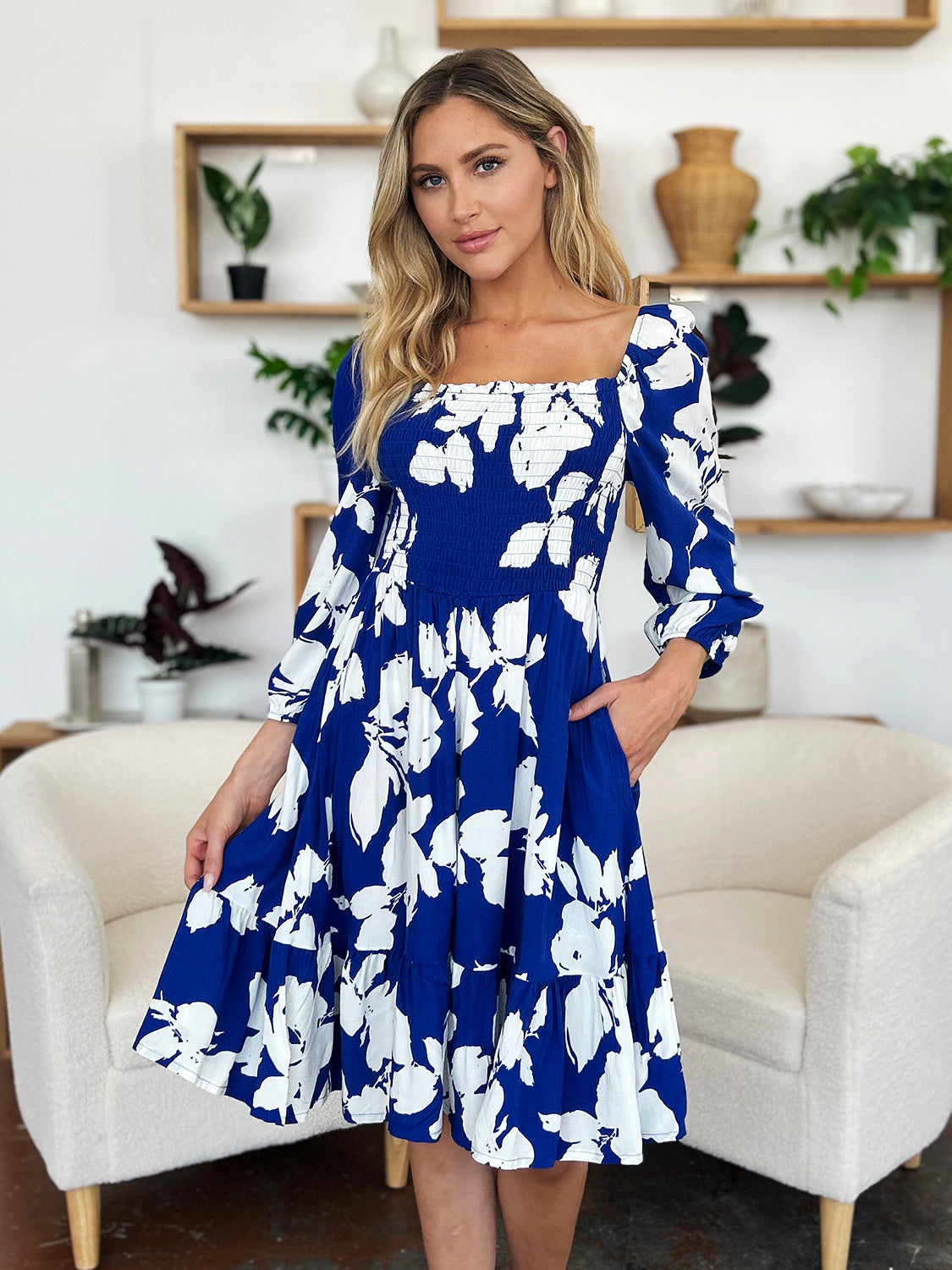 Double Take Full Size Floral Ruffle Hem Smocked Dress - aurelia-clothing-8955