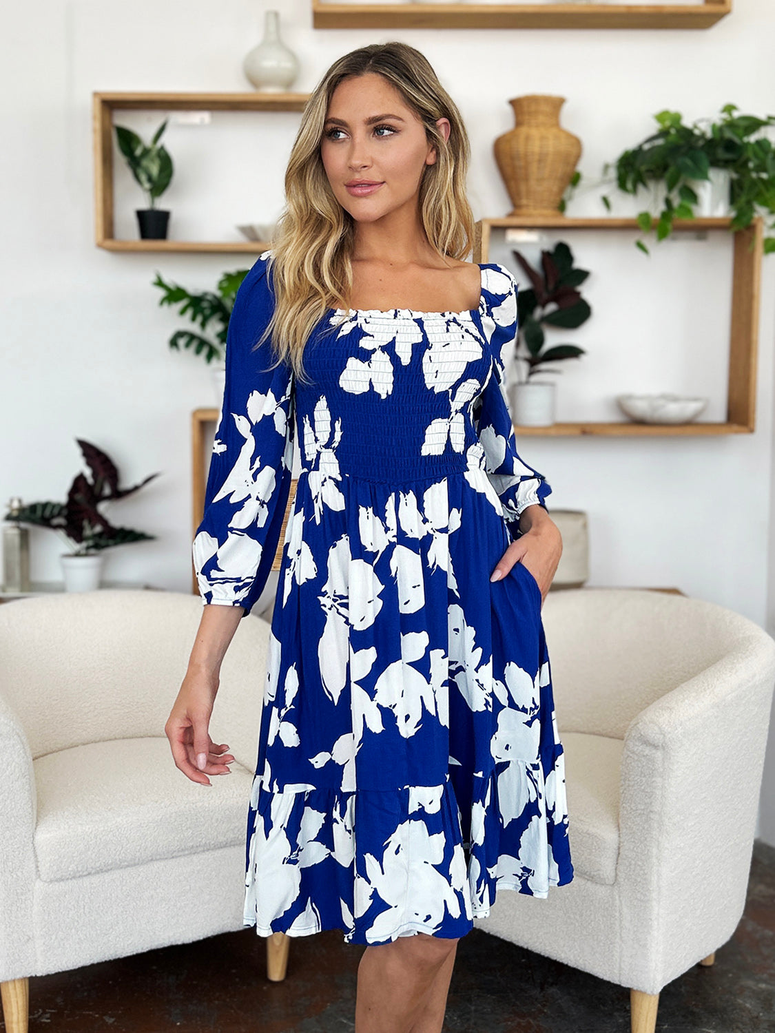 Double Take Full Size Floral Ruffle Hem Smocked Dress - aurelia-clothing-8955