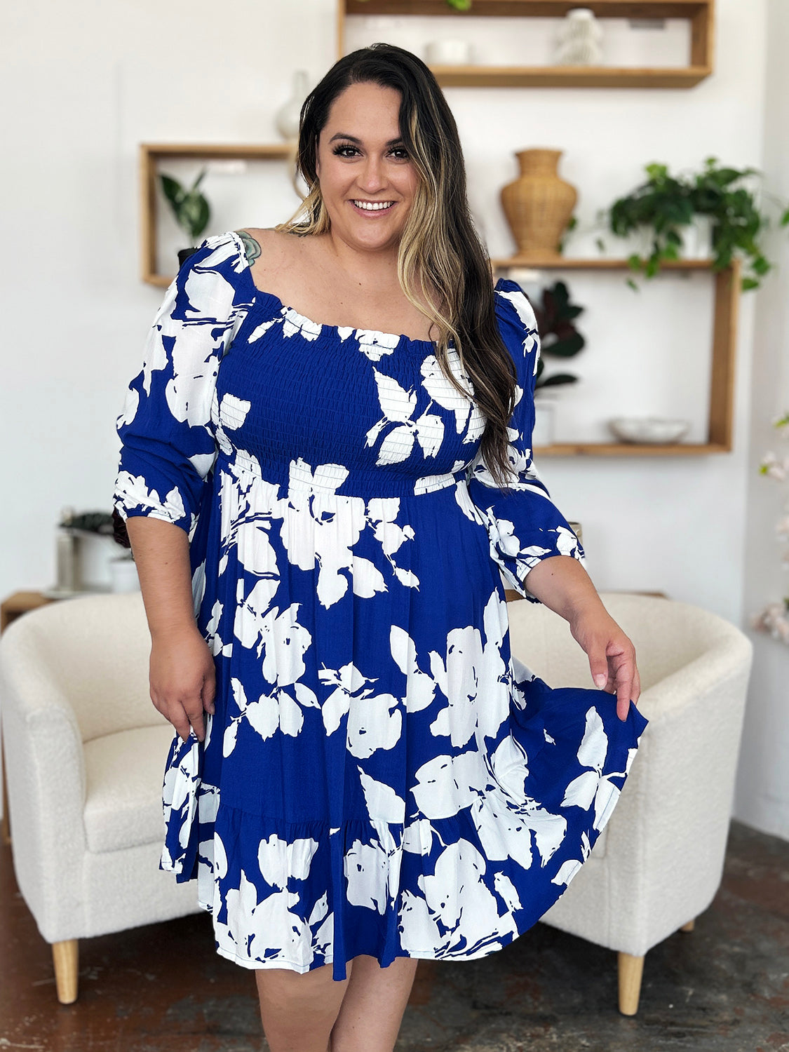 Double Take Full Size Floral Ruffle Hem Smocked Dress - aurelia-clothing-8955