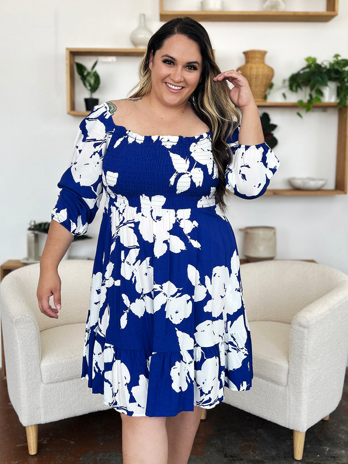 Double Take Full Size Floral Ruffle Hem Smocked Dress - aurelia-clothing-8955