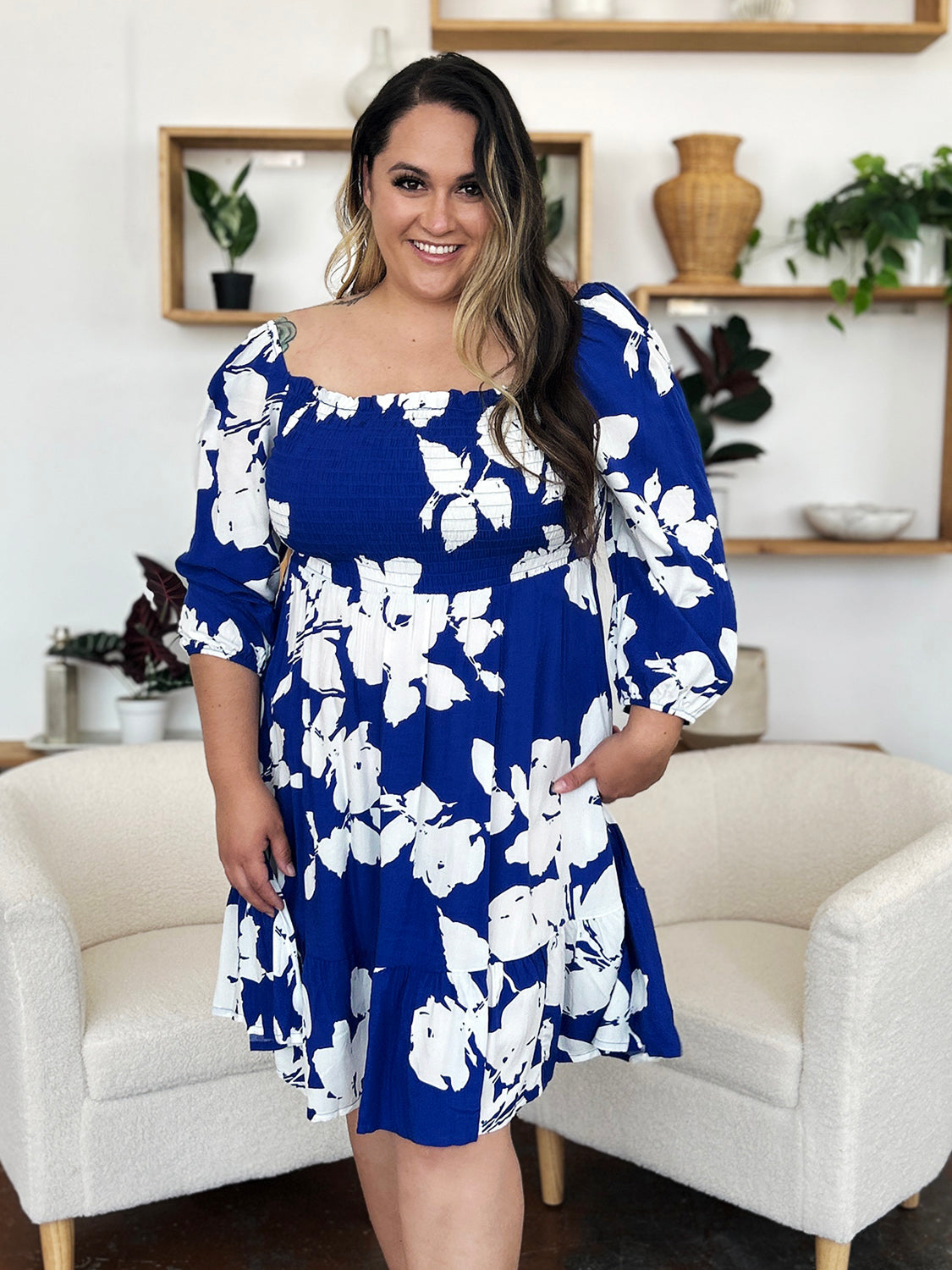 Double Take Full Size Floral Ruffle Hem Smocked Dress - aurelia-clothing-8955