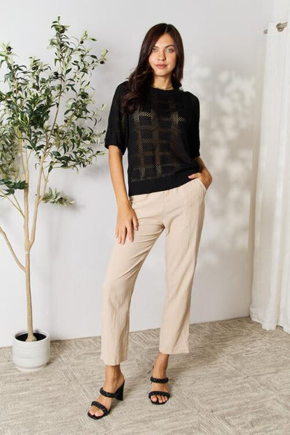 Double Take Ribbed Trim Round Neck Knit Top - aurelia-clothing-8955
