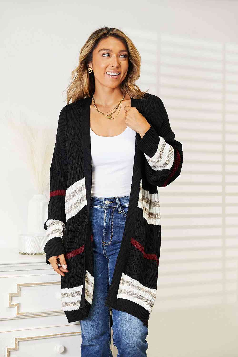 Double Take Striped Rib-Knit Drop Shoulder Open Front Cardigan - aurelia-clothing-8955