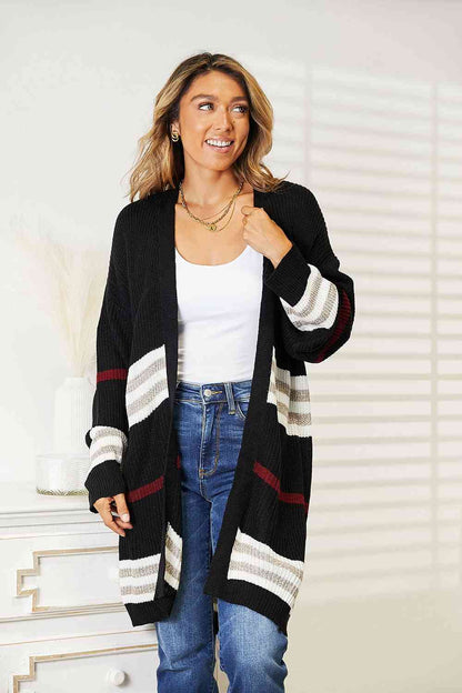 Double Take Striped Rib-Knit Drop Shoulder Open Front Cardigan - aurelia-clothing-8955