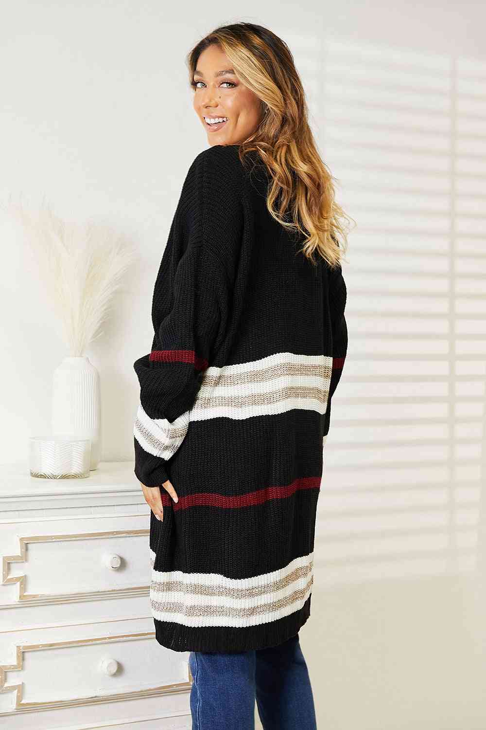 Double Take Striped Rib-Knit Drop Shoulder Open Front Cardigan - aurelia-clothing-8955