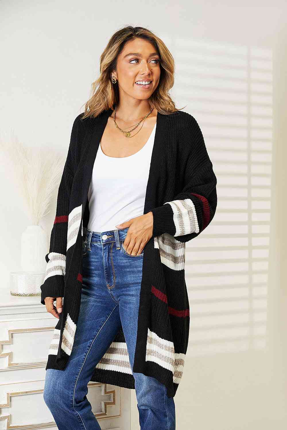 Double Take Striped Rib-Knit Drop Shoulder Open Front Cardigan - aurelia-clothing-8955