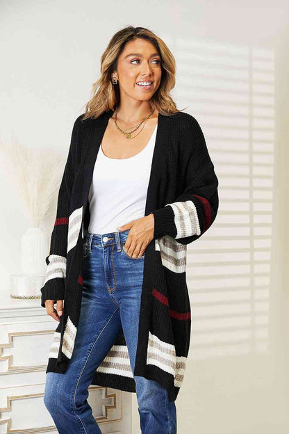 Double Take Striped Rib-Knit Drop Shoulder Open Front Cardigan - aurelia-clothing-8955