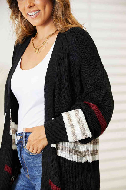 Double Take Striped Rib-Knit Drop Shoulder Open Front Cardigan - aurelia-clothing-8955