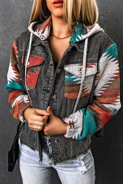 Drawstring Hooded Pocketed Denim Jacket - aurelia-clothing-8955