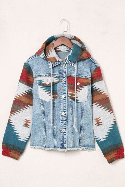 Drawstring Hooded Pocketed Denim Jacket - aurelia-clothing-8955